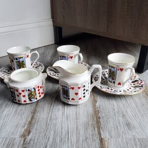 Queen's English Fine Bone China 3 Coffee Cups Saucers Creamer Pitcher Sugar Bowl